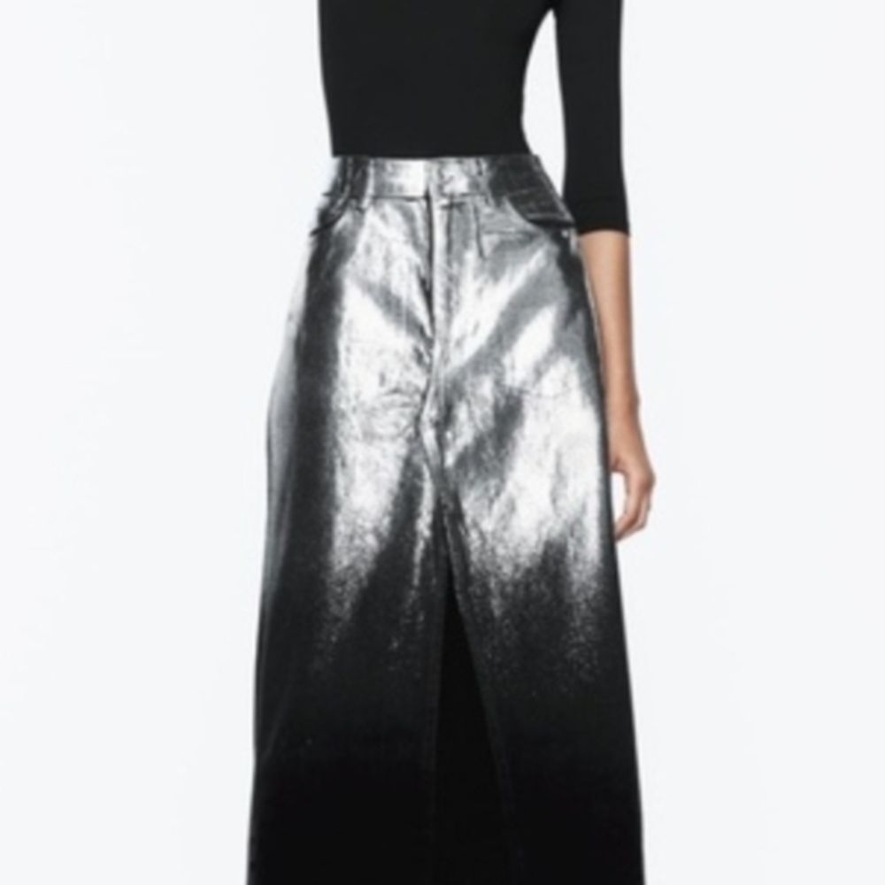 Zara Shimmering Silver Foil And Black Ombre Skirt